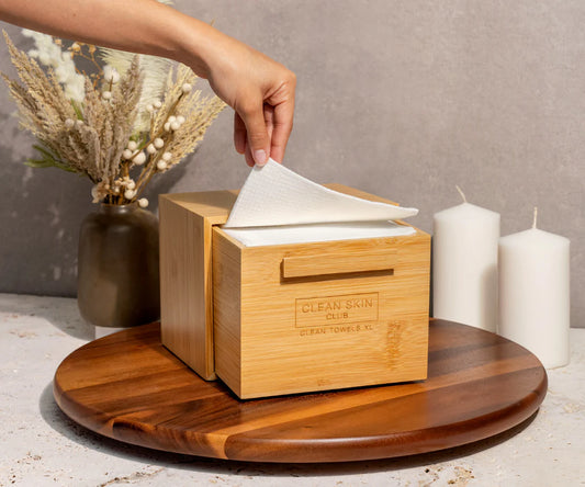 Clean Skin Club: Luxe Bamboo Box w/ Drawer & 50ct Clean Skin Club Disposable Towels Inside