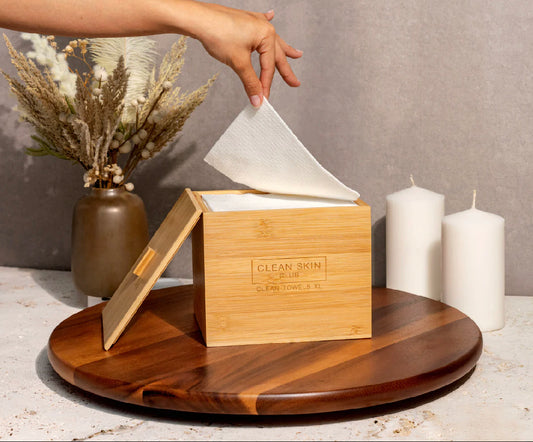 ♥️ Clean Skin Club: Luxe Bamboo Box w/ Cover & 50ct Clean Skin Club Disposable Towels Inside